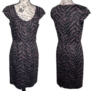 Adrianna Papell Black Brown Animal Print Scoop Neck Cap Sleeve Sheath Dress 8